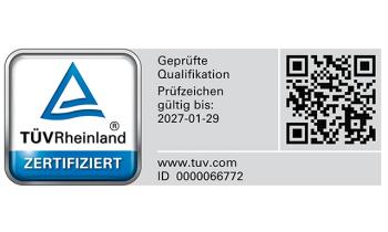 Das Zertifikats-Logo vom TÜV Rheinland mit Gültigkeit bis 2027